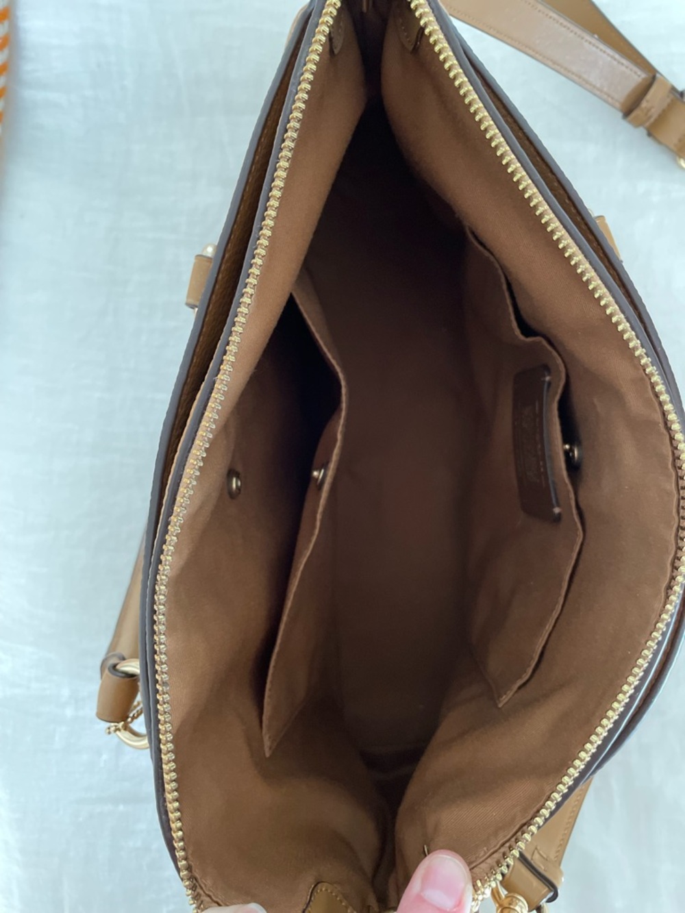 Coach Tan Pebbled Leather and Suede Satchel with Gold Hardware - Picture 6 of 7